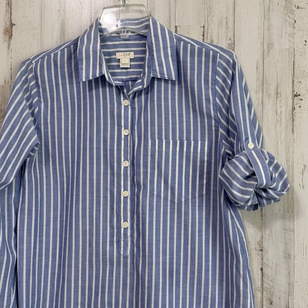 J Crew Henley Top Blouse S Blue Stripe Roll Tab Sleeve Preppy Summer Popover